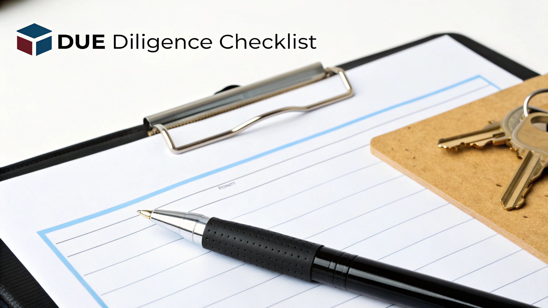 Due diligence checklist on clipboard with pen and house keys for property inspection