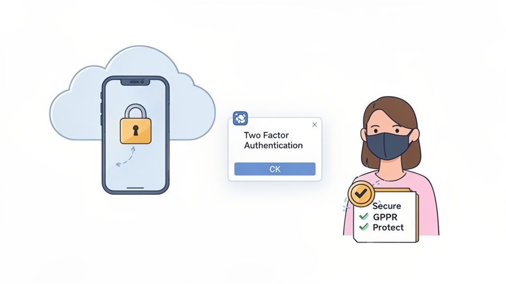 Illustration showing cloud security, two-factor authentication, and user data protection with GPPR compliance.