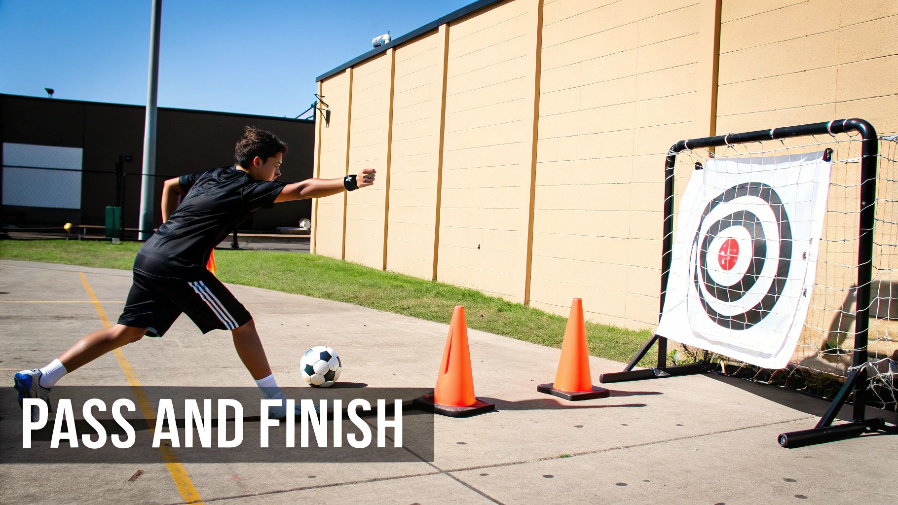 A player executing a powerful shot on goal.