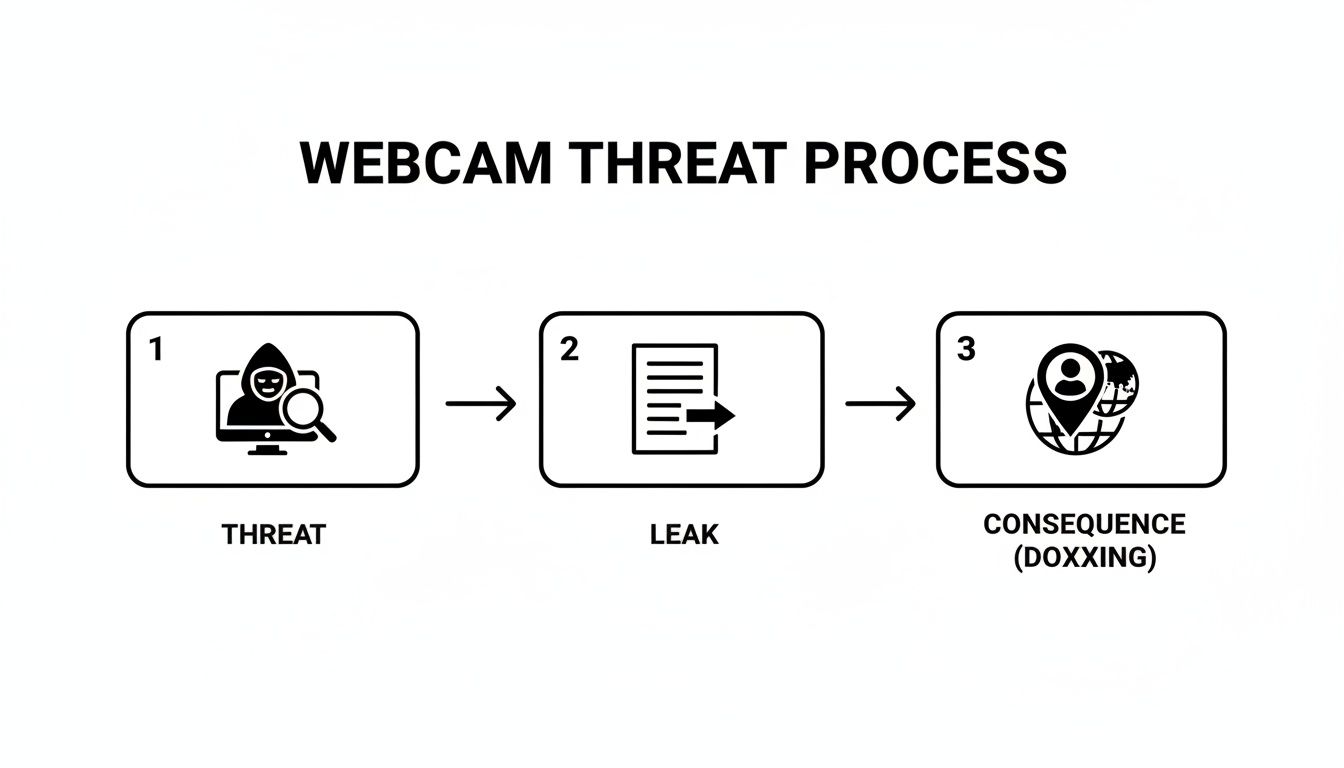 A three-step infographic illustrating the webcam threat process: initial threat, data leak, and doxxing consequence.