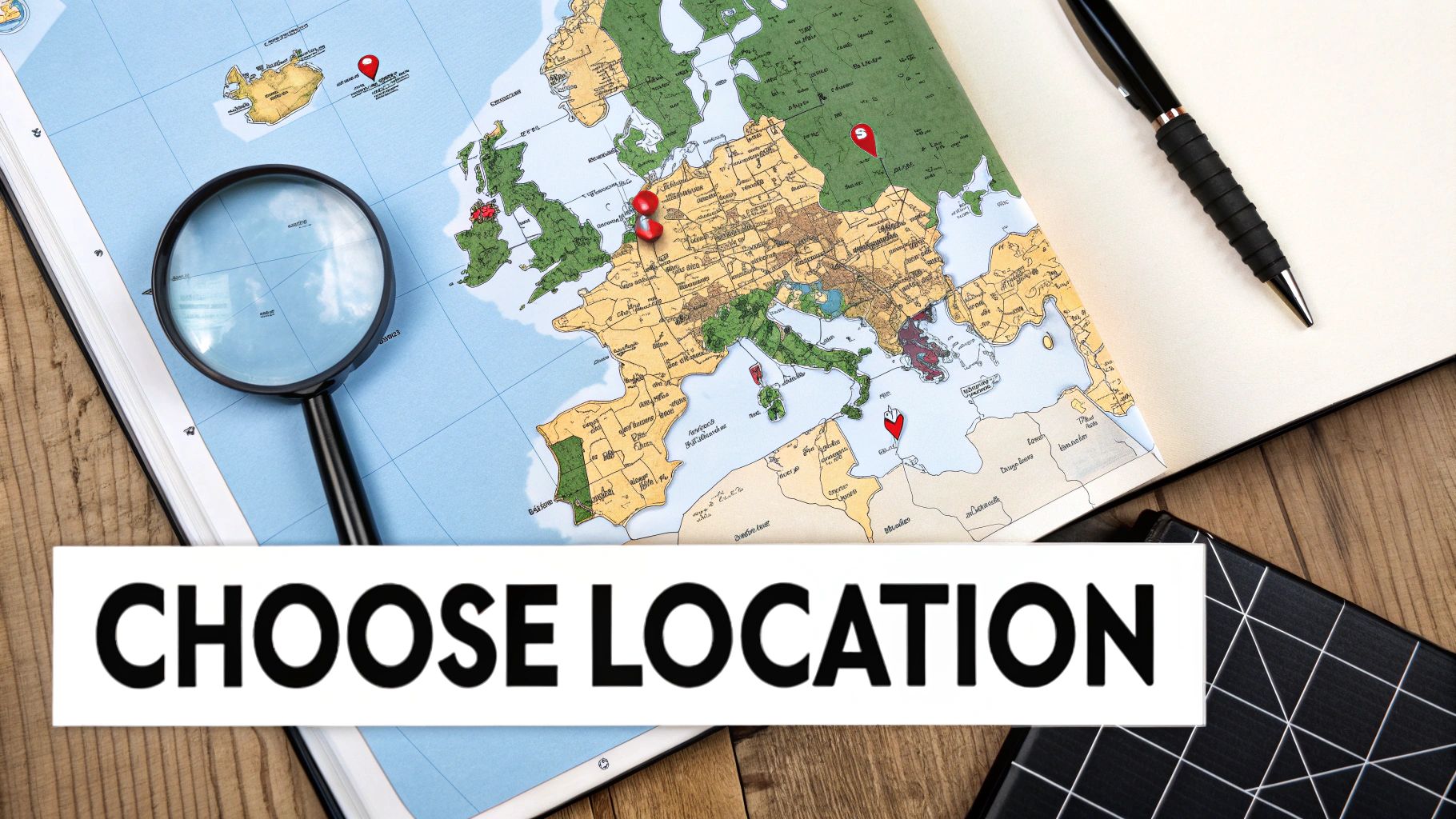 Overhead shot of a map of Europe with location pins, a magnifying glass, and 'CHOOSE LOCATION' text.
