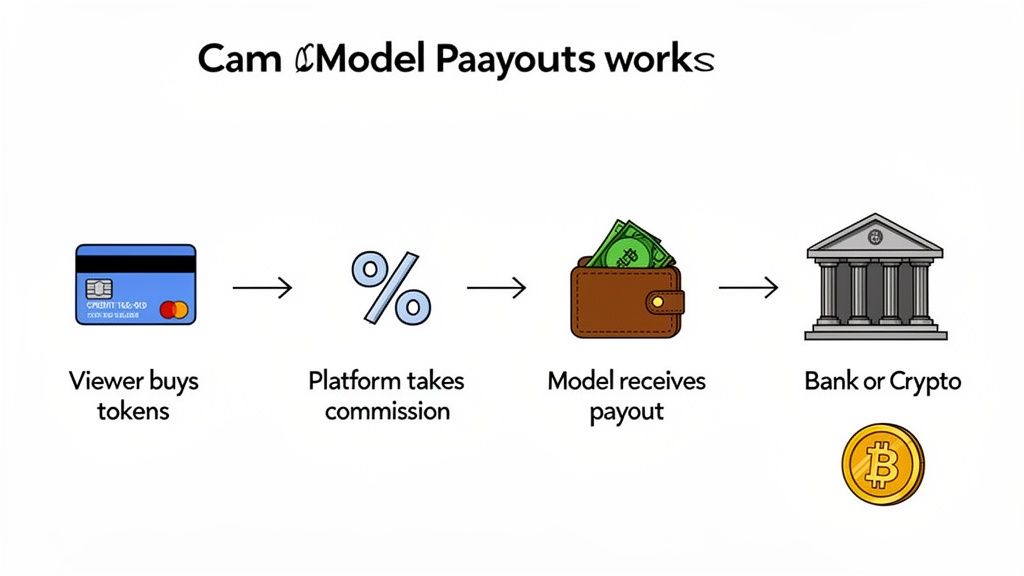 Infographic detailing how cam models receive payouts, from viewer purchases to bank or crypto.