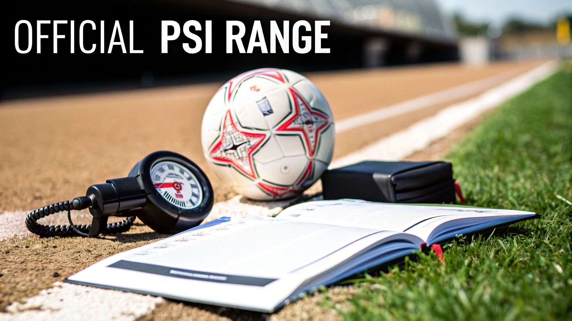 A referee holding a football and a pressure gauge on a green football pitch