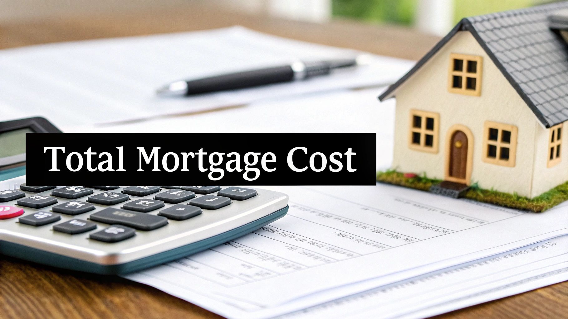 A calculator, a miniature house, and papers on a table with text 'Total Mortgage Cost'.