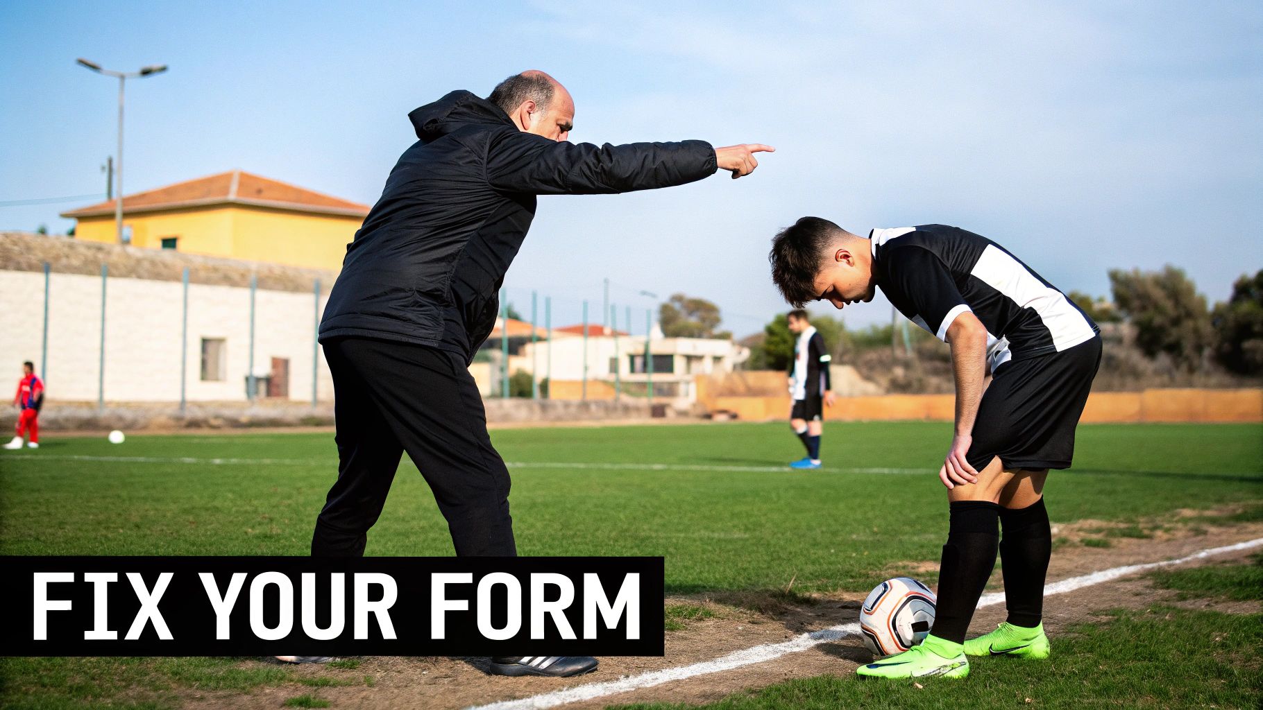 A football coach points at a young player, seemingly giving instructions on a soccer field.