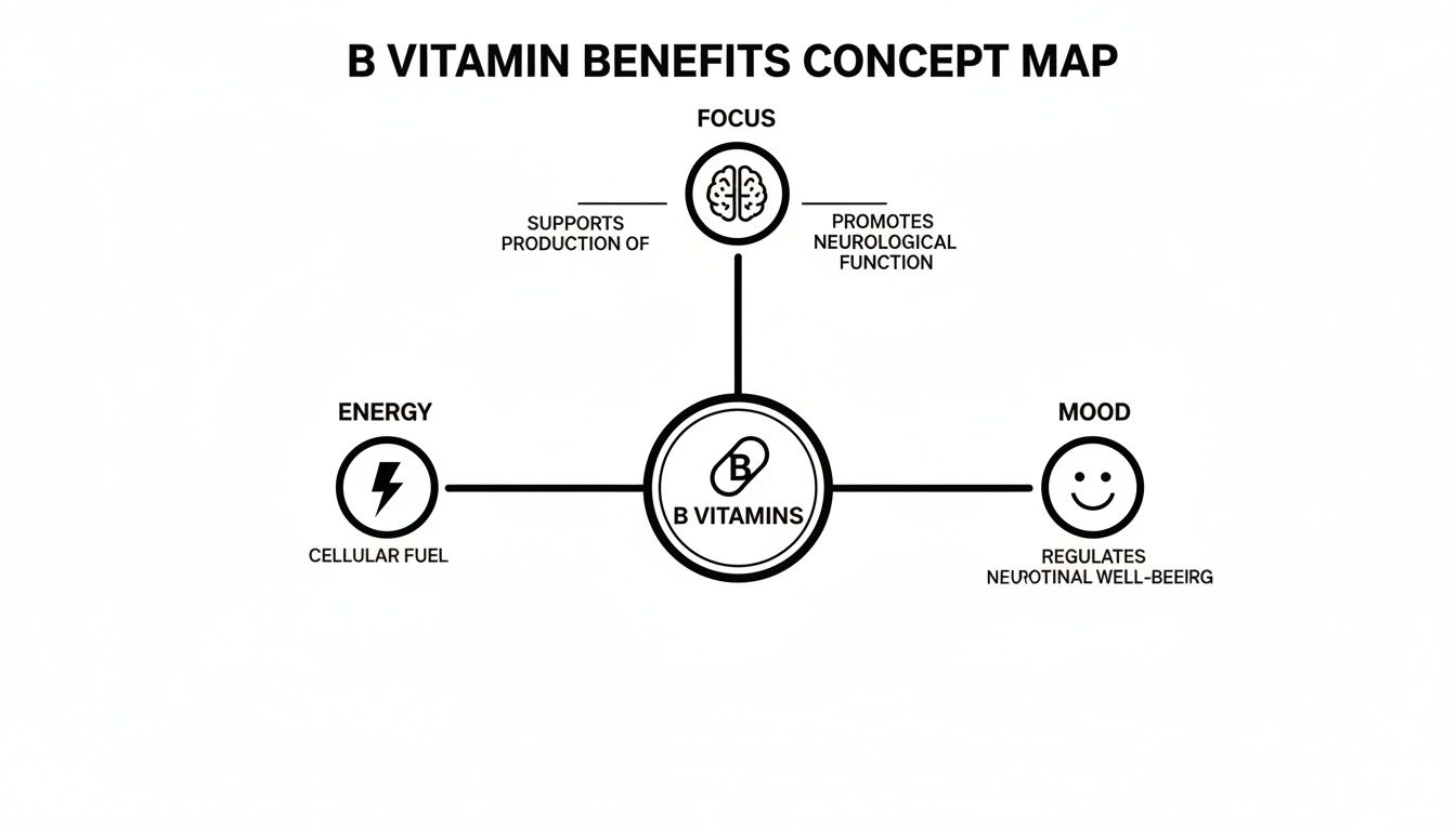 Concept map illustrating the benefits of B vitamins for focus, energy, and mood regulation.