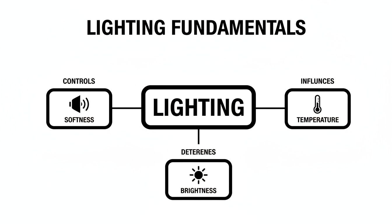 A diagram illustrating lighting fundamentals with controls (softness), influences (temperature), and deterenes (brightness).