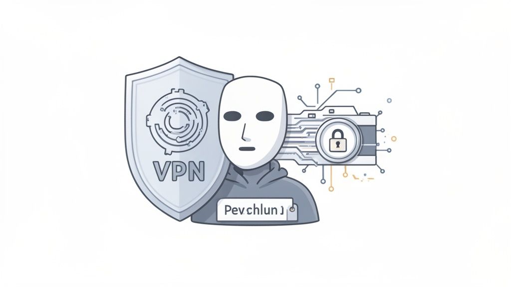 An anonymous figure wearing a mask, protected by a VPN shield and a secured camera.