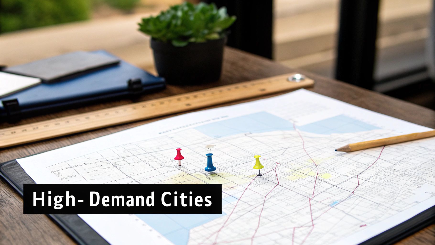A close-up of a map with three colorful pushpins, a ruler, pencil, and 'High-Demand Cities' text.