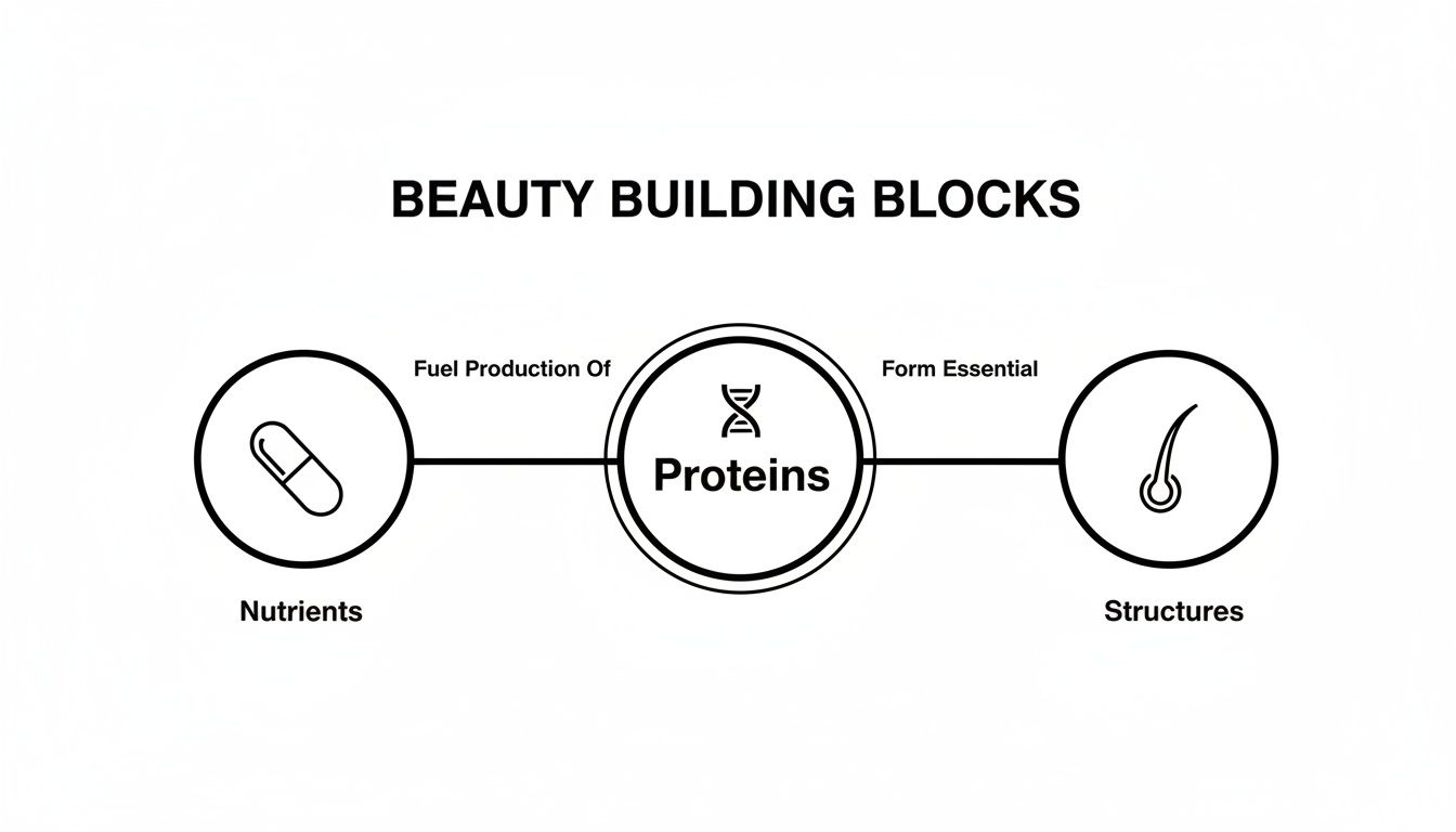 Diagram illustrating how nutrients fuel protein production, forming essential structures for beauty, such as hair.