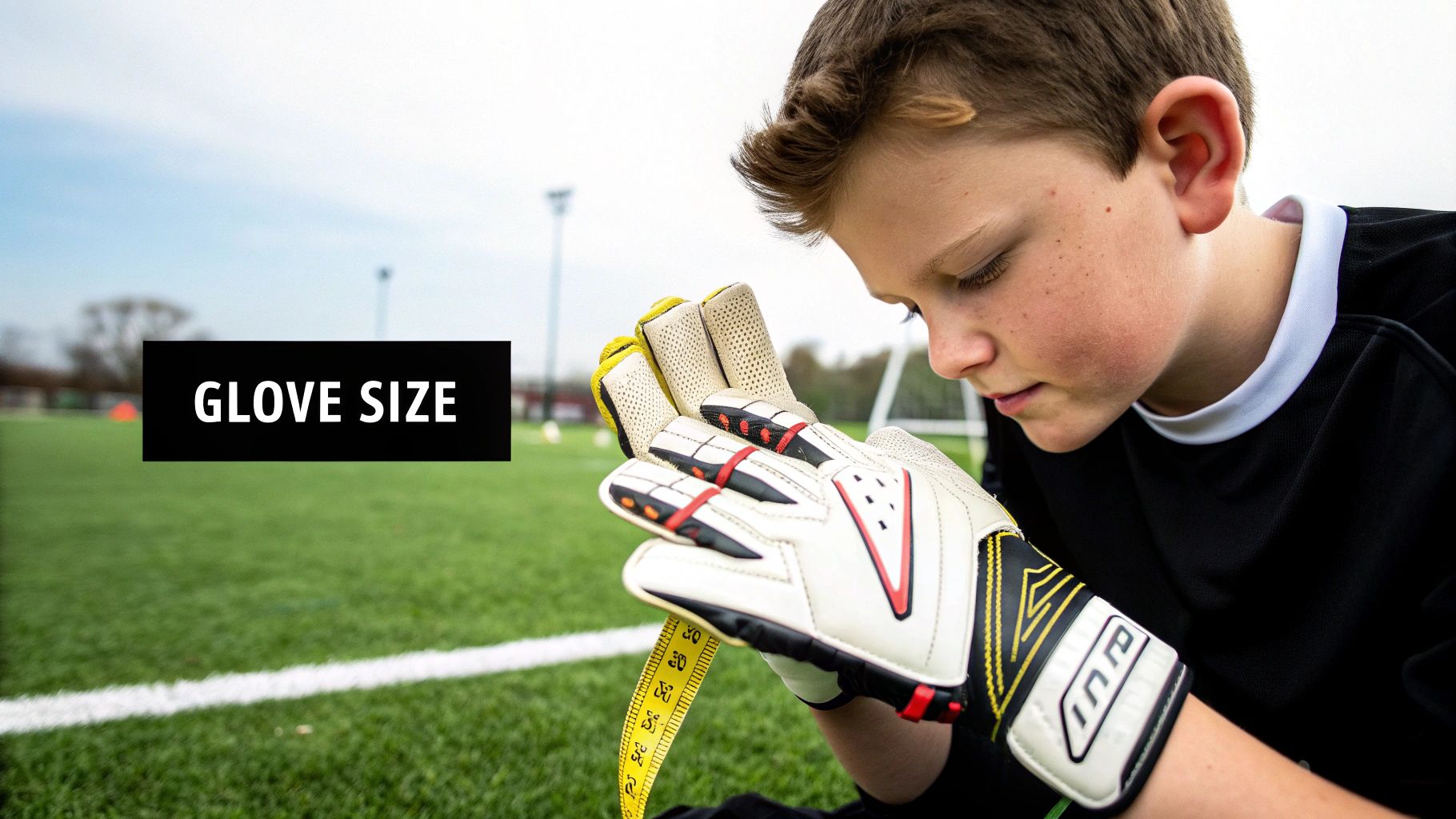 A focused young boy measures his white goalkeeper glove with a yellow tape on a football field.