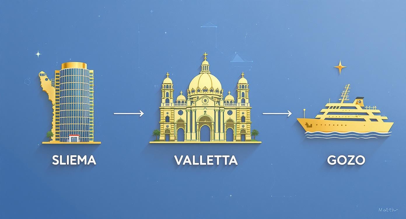 Golden illustrations depict a journey from Sliema's modern buildings to Valletta's grand church, then to Gozo by ship.