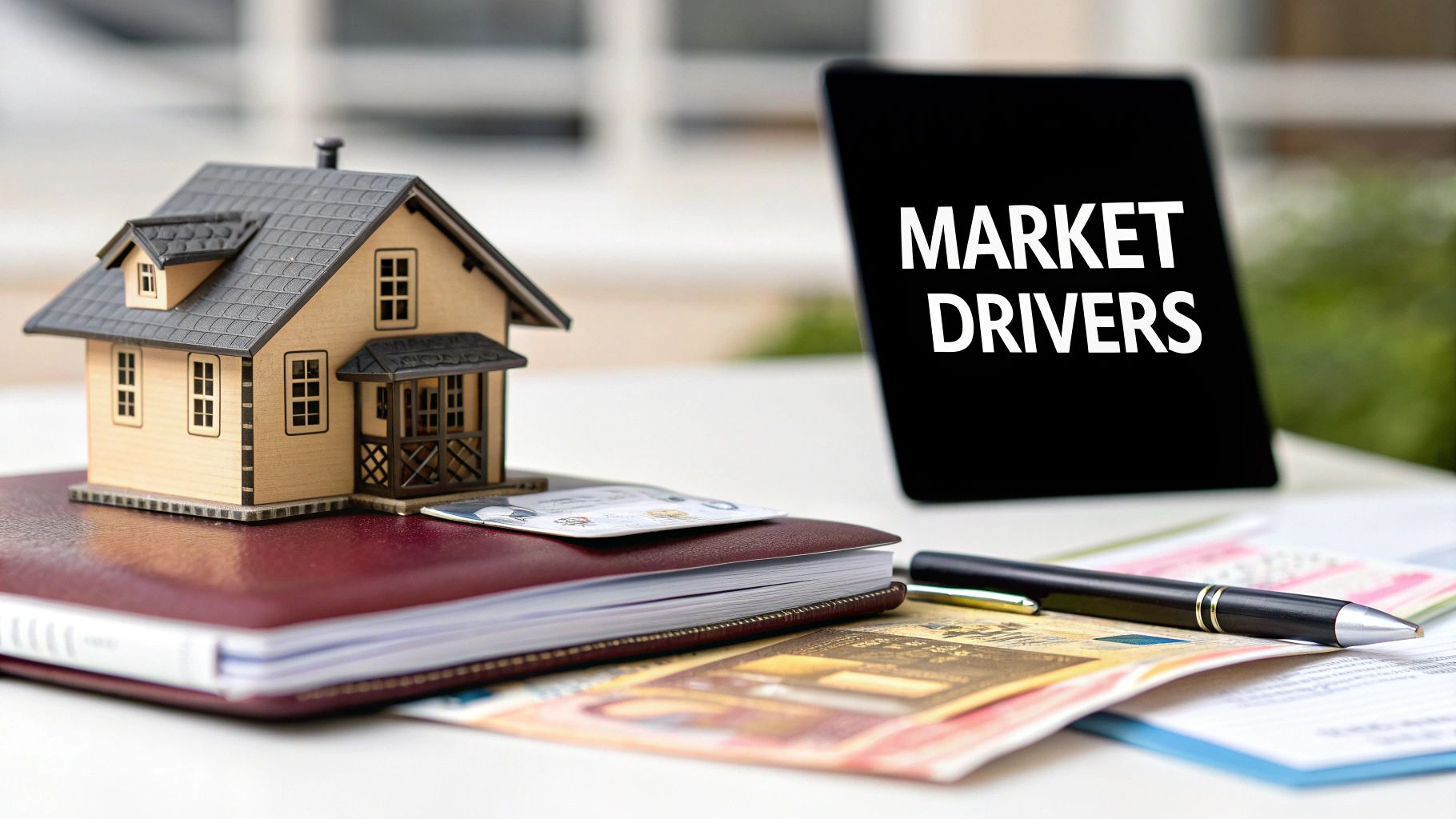 A miniature house model, money, and documents with a tablet displaying 'MARKET DRIVERS'.