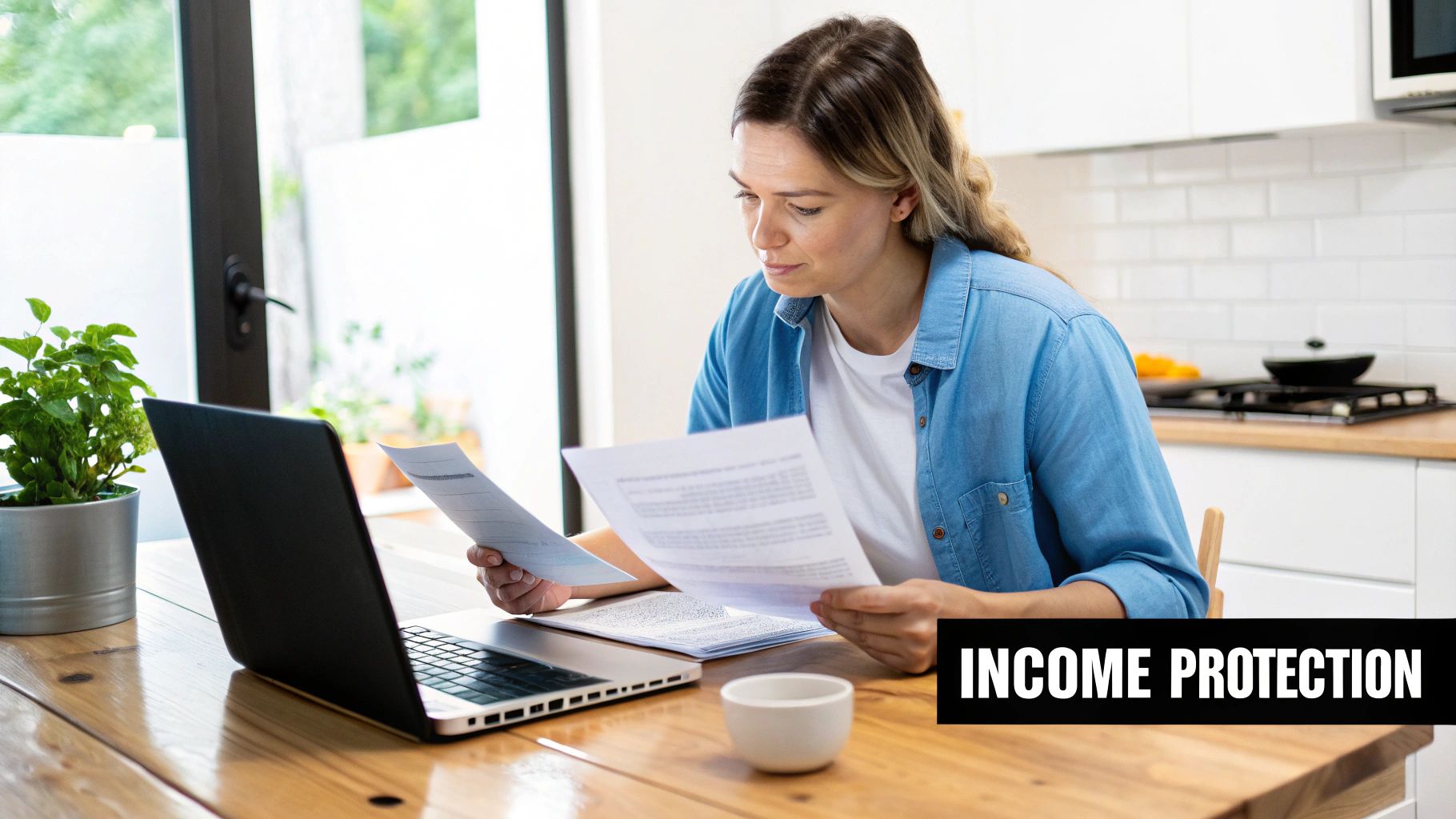 A professional woman sitting at a desk, reviewing financial documents and smiling.