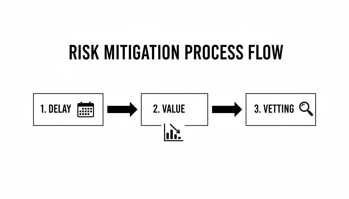 A risk mitigation process flow diagram showing three steps: delay, value reduction, and vetting.