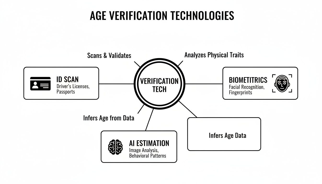Diagram illustrating various age verification technologies including ID scan, biometrics, and AI estimation methods.