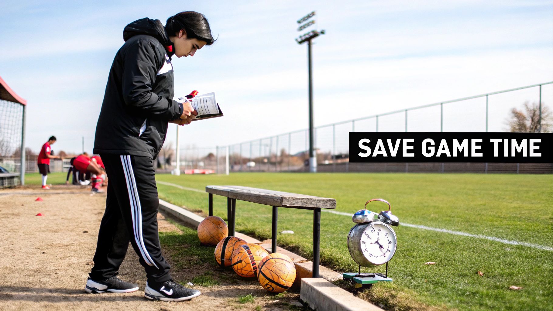 A coach on a soccer field reviews game notes, surrounded by footballs, a bench, and an alarm clock.