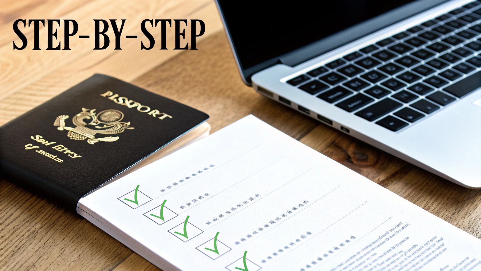 Step-by-step process with a US passport, a checklist, and a laptop on a wooden desk.