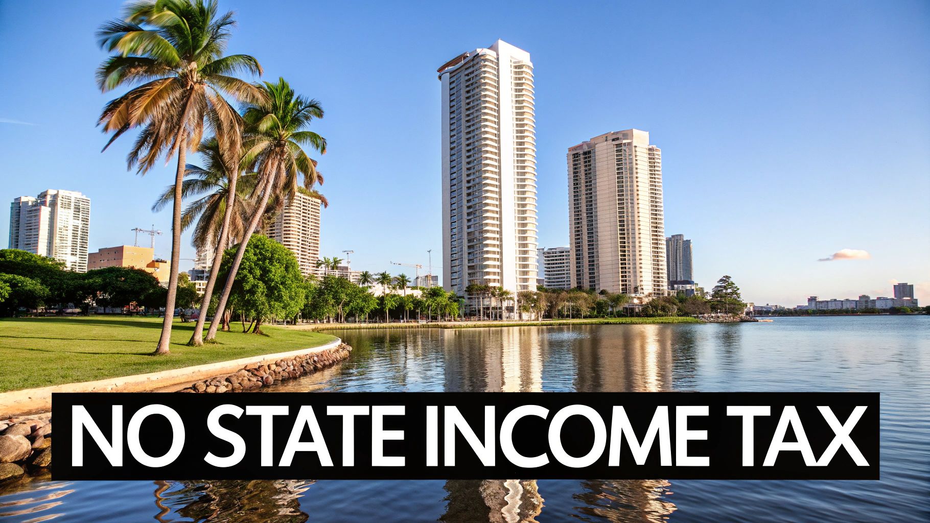 A sunny waterfront cityscape with tall buildings, lush palm trees, and text overlay 'NO STATE INCOME TAX'.