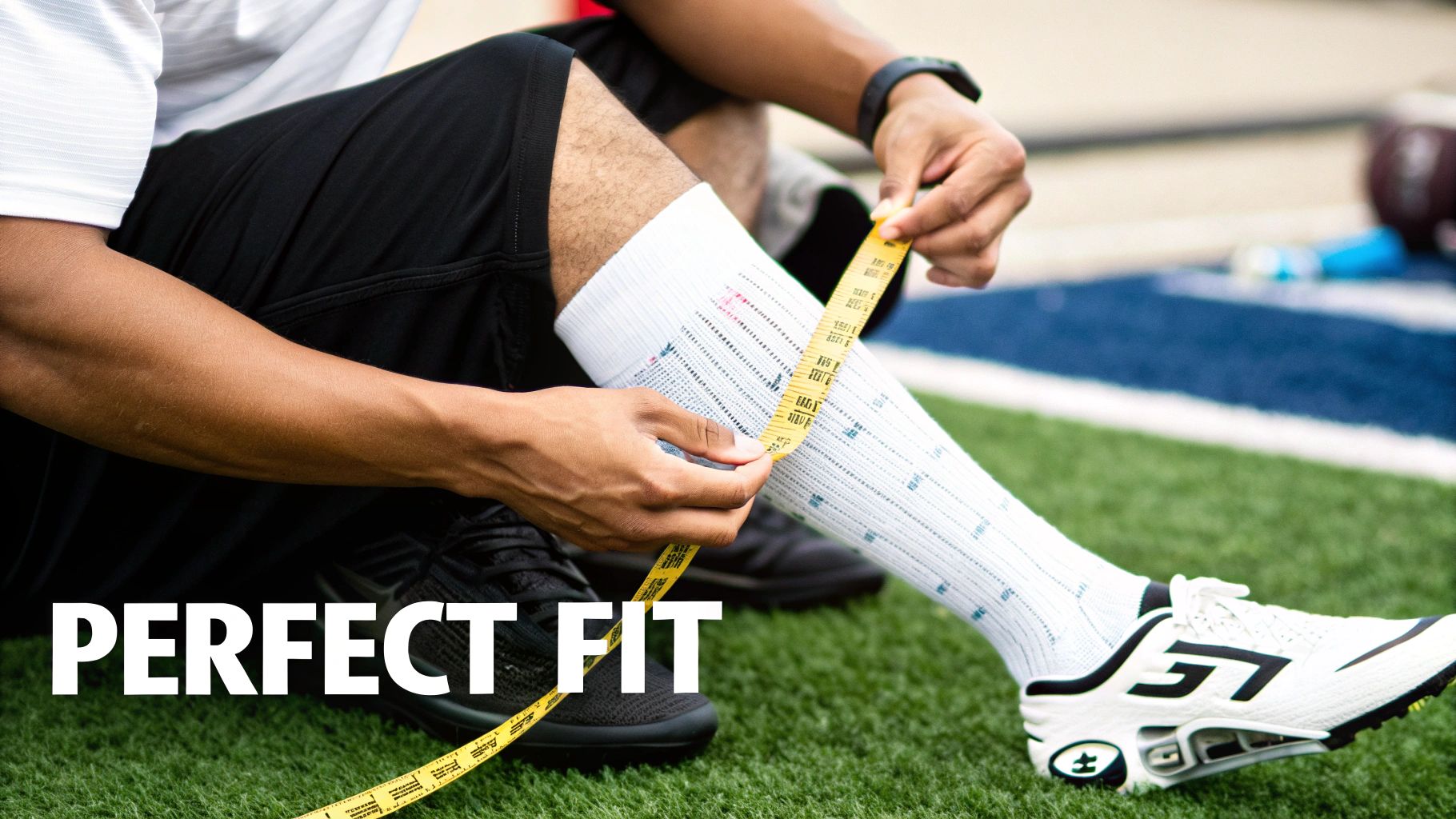 A person measures their calf over a white compression sock with a yellow tape measure on a sports field.