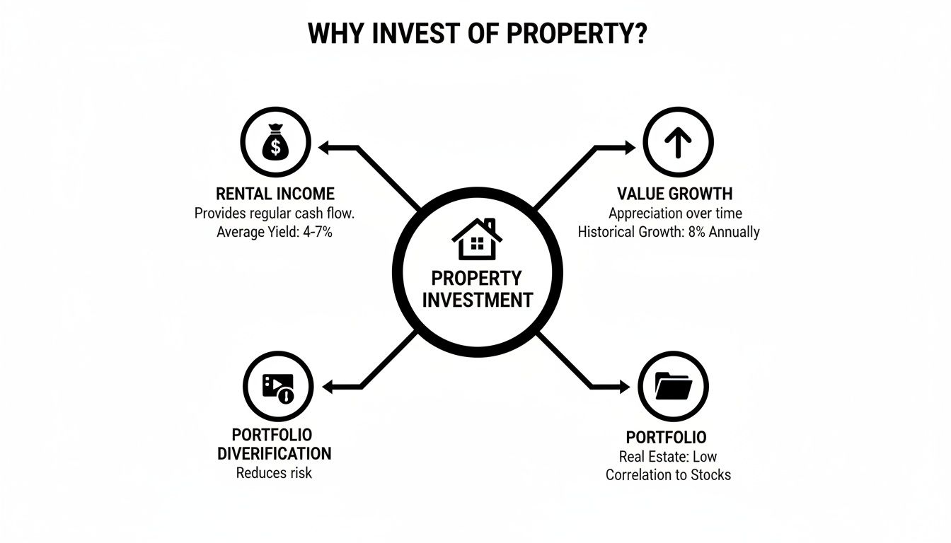 Diagram explaining benefits of property investment, including rental income, value growth, and portfolio diversification.