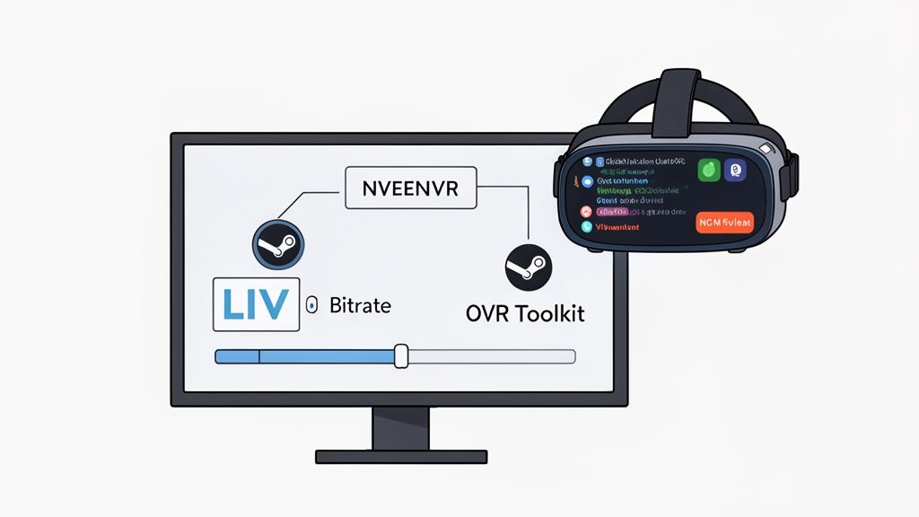 Diagram illustrating a VR camming and streaming setup with headset, monitor, and software.