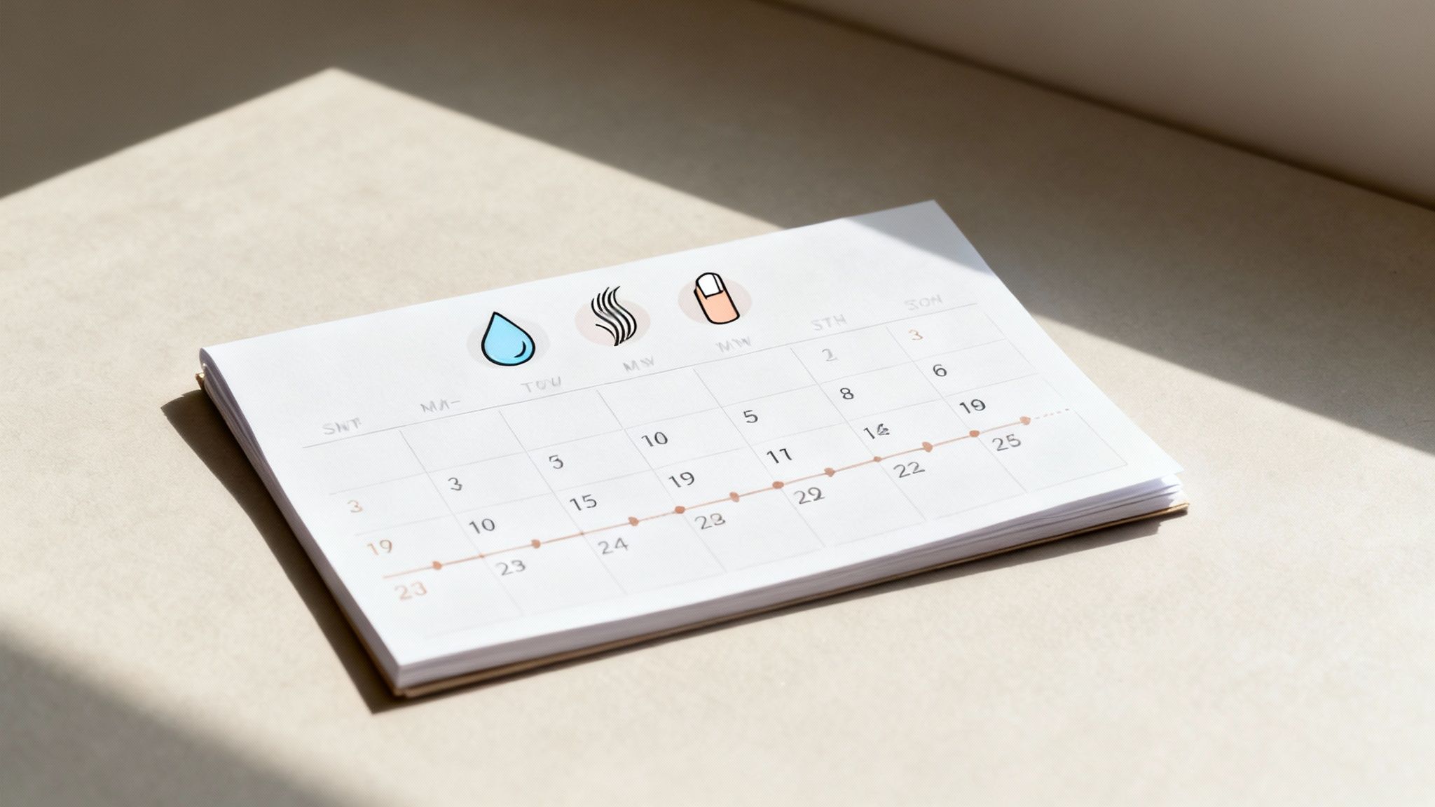 Calendar with wellness tracking icons for water, supplements, and skincare routine monitoring