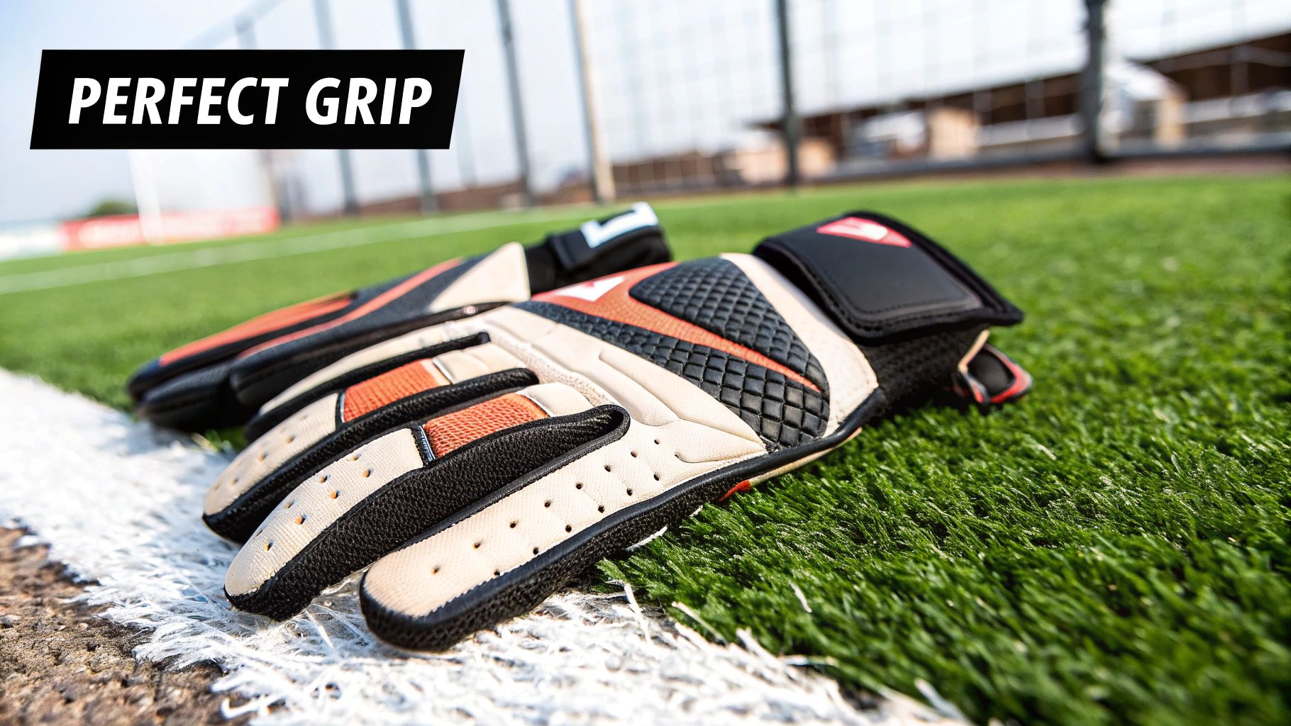 A pair of junior goalkeeper gloves placed on a green football pitch.