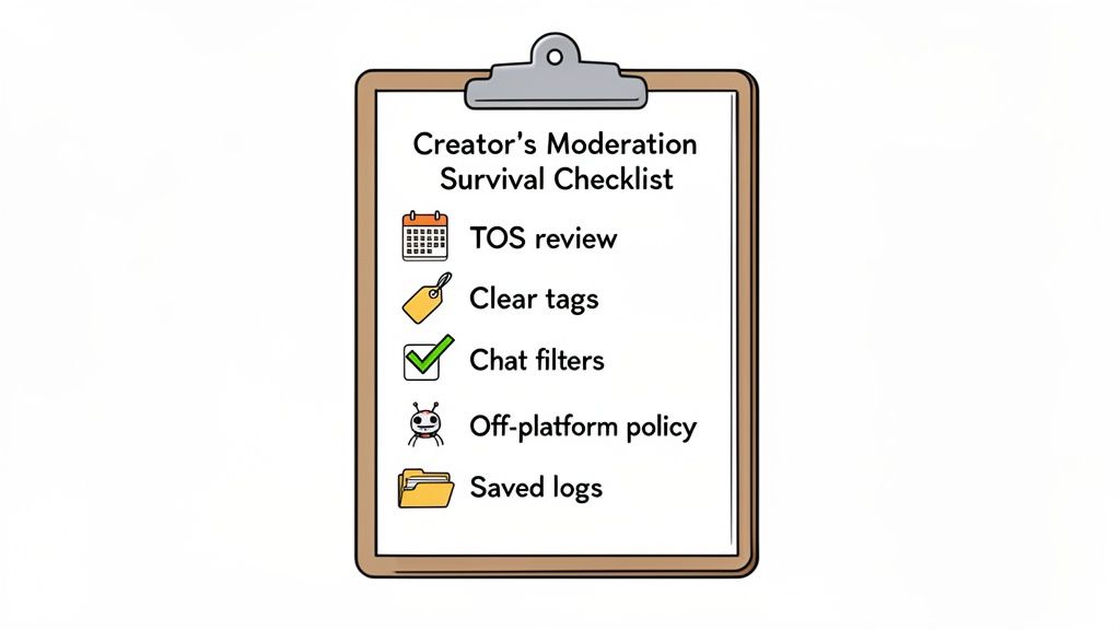 A clipboard with a 'Creator's Moderation Survival Checklist' listing TOS review, clear tags, chat filters, and saved logs.