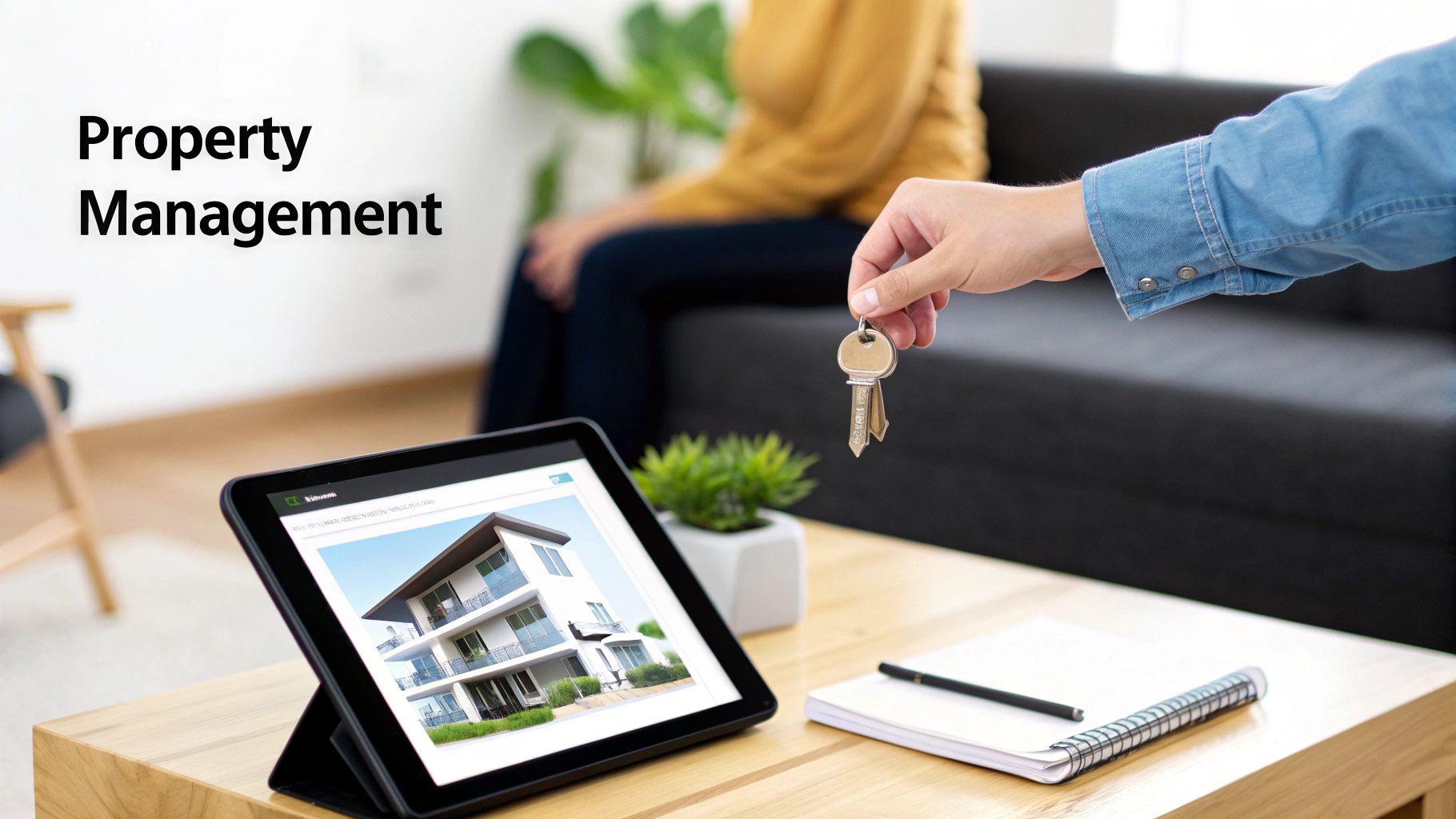 A hand holds house keys above a tablet displaying a modern building and 'Property Management' text.