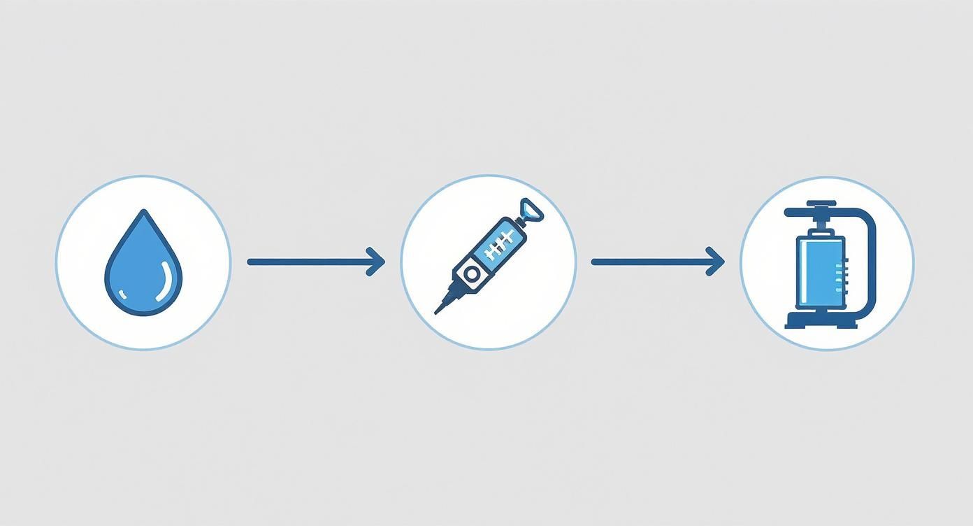 Process diagram showing water droplet, syringe needle, and inflation pump in sequential steps