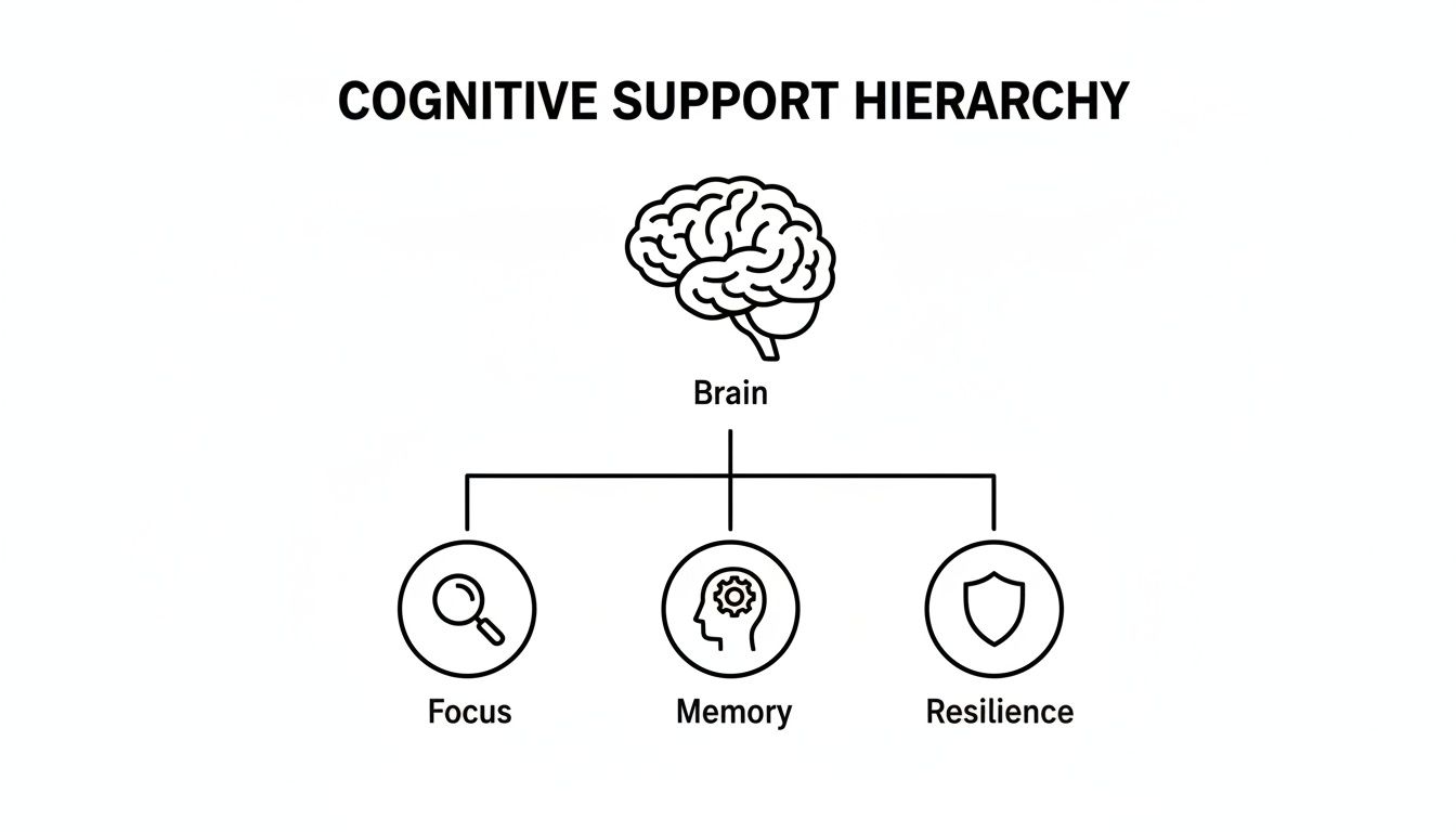 A hierarchy diagram illustrating cognitive support, showing the brain connected to focus, memory, and resilience.