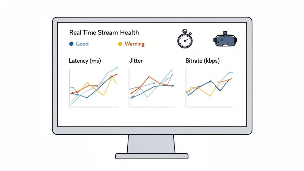 A monitor displays real-time stream health metrics including latency, jitter, and bitrate for VR streaming.