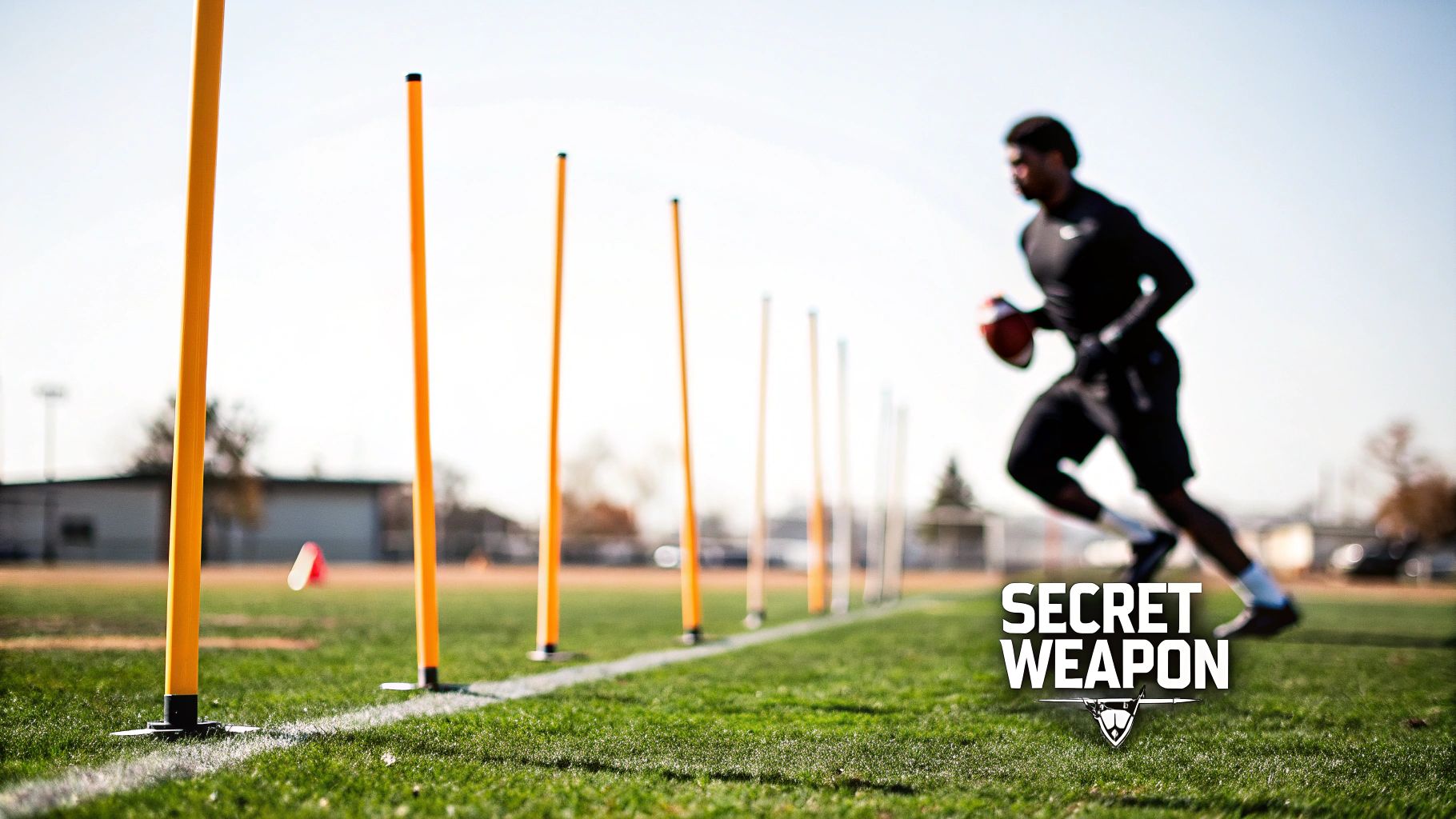 A football player weaving through a set of yellow football training poles on a green pitch.