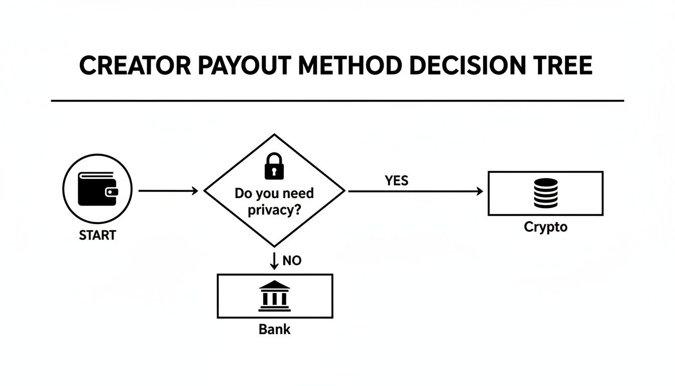 Decision tree flowchart illustrating creator payout methods: Crypto for privacy, Bank for no privacy.