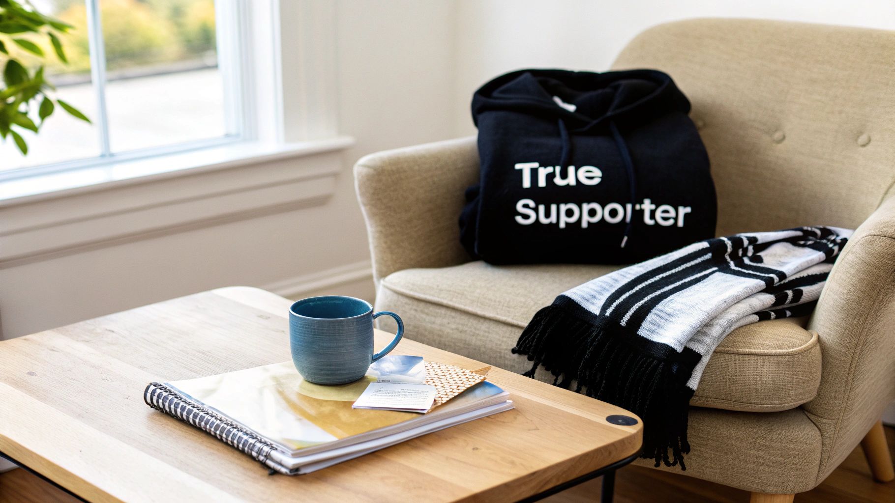 A cozy armchair holds a 'True Supporter' hoodie and blanket, with a mug and magazines on a table.