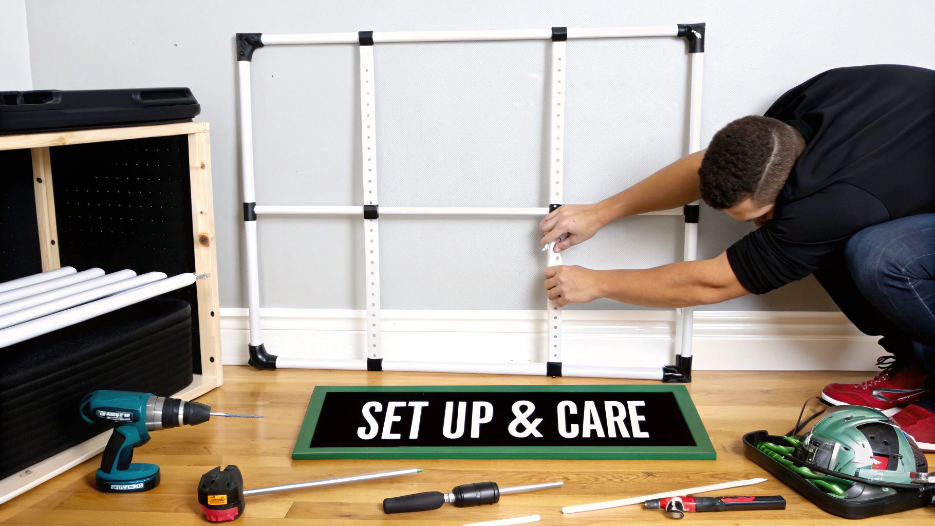 Person assembling a white frame structure, possibly a football rebound wall, with tools and a 'SET UP & CARE' sign.