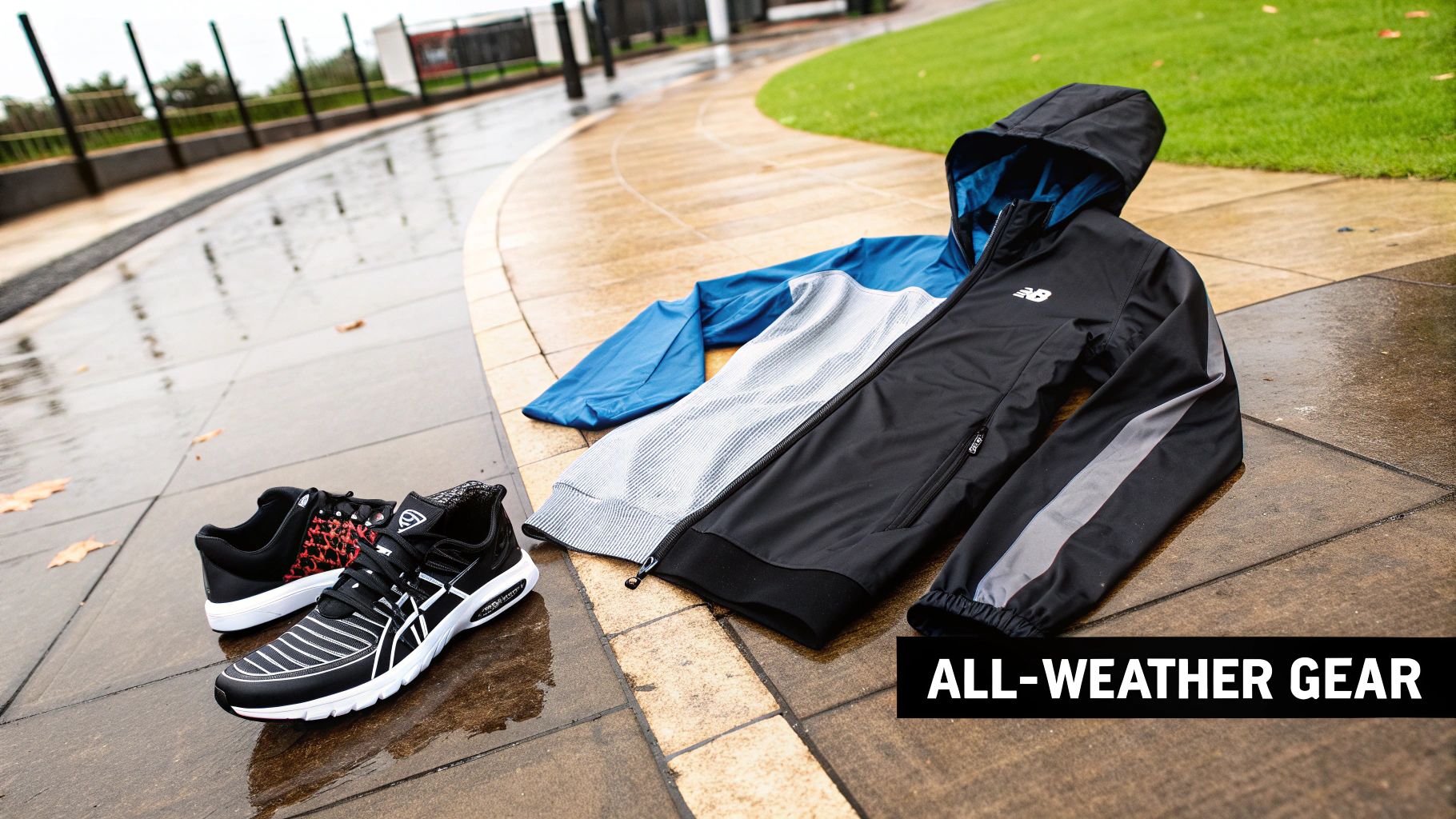 Black and blue all-weather jackets and running shoes on a wet paved outdoor path.