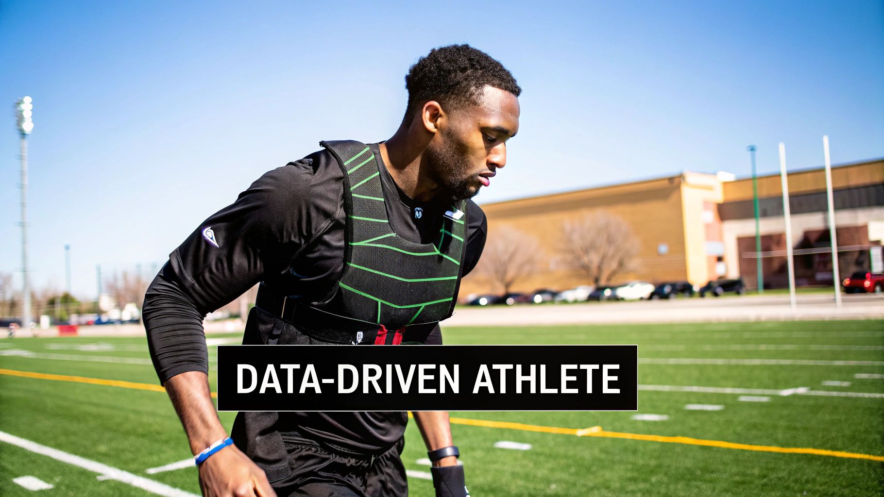 A football player wearing a high-tech vest with glowing lines, indicating data collection.