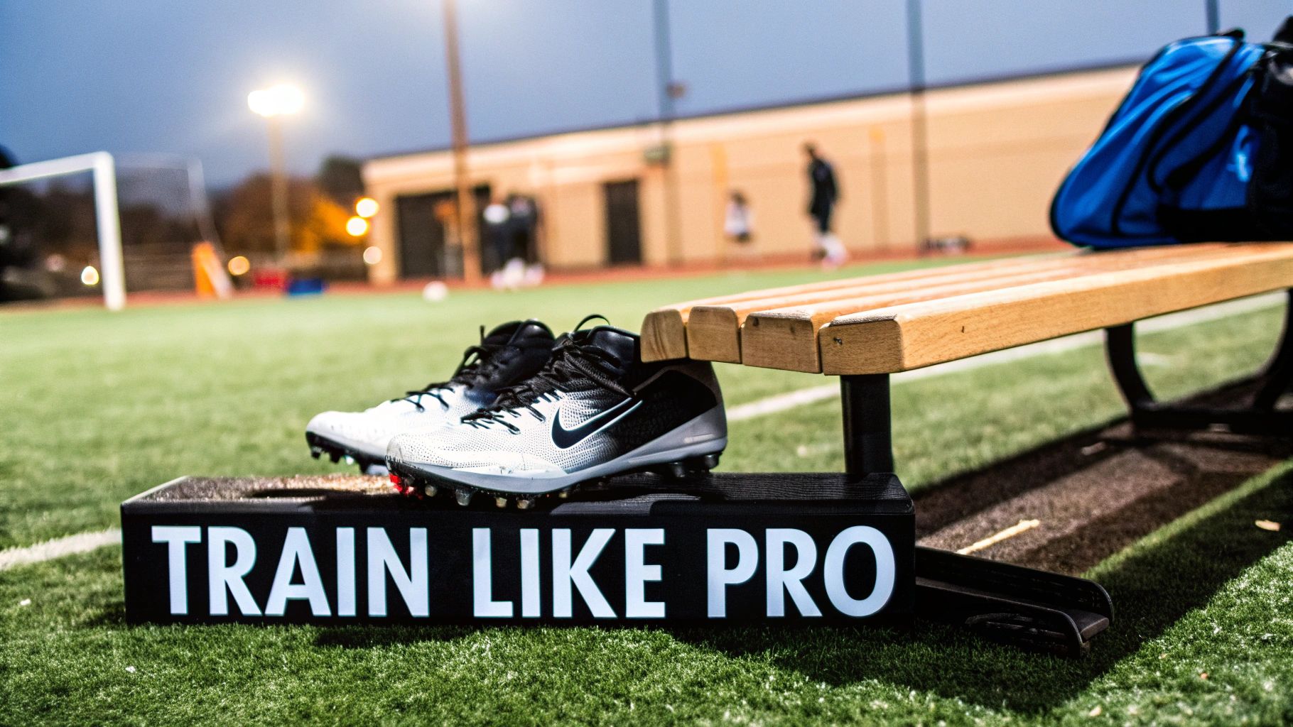 White and black Nike cleats on a 'TRAIN LIKE PRO' box on a football field at dusk.