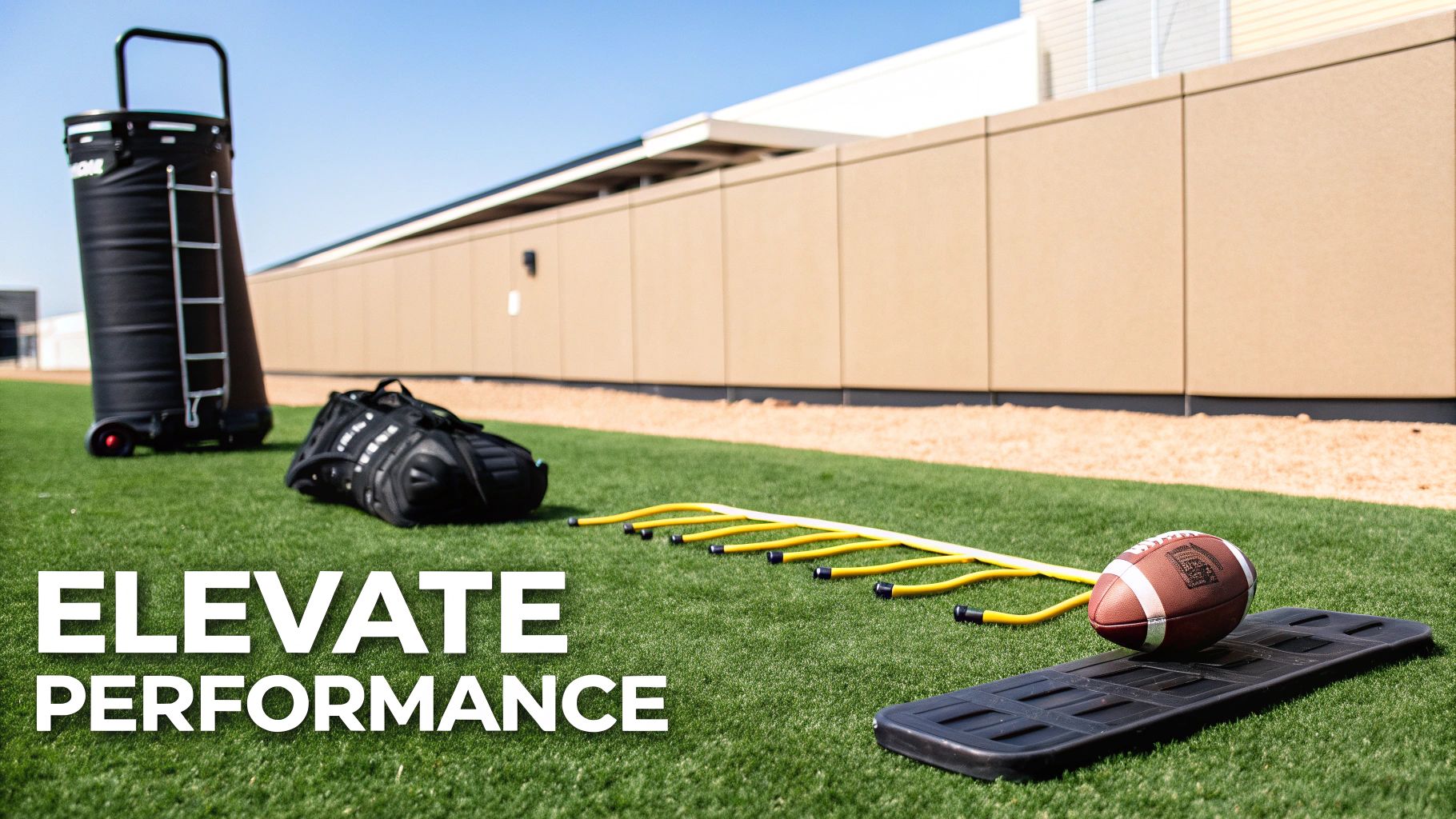 Football training equipment including a ball, agility ladder, and bags on a green turf field under a clear sky.