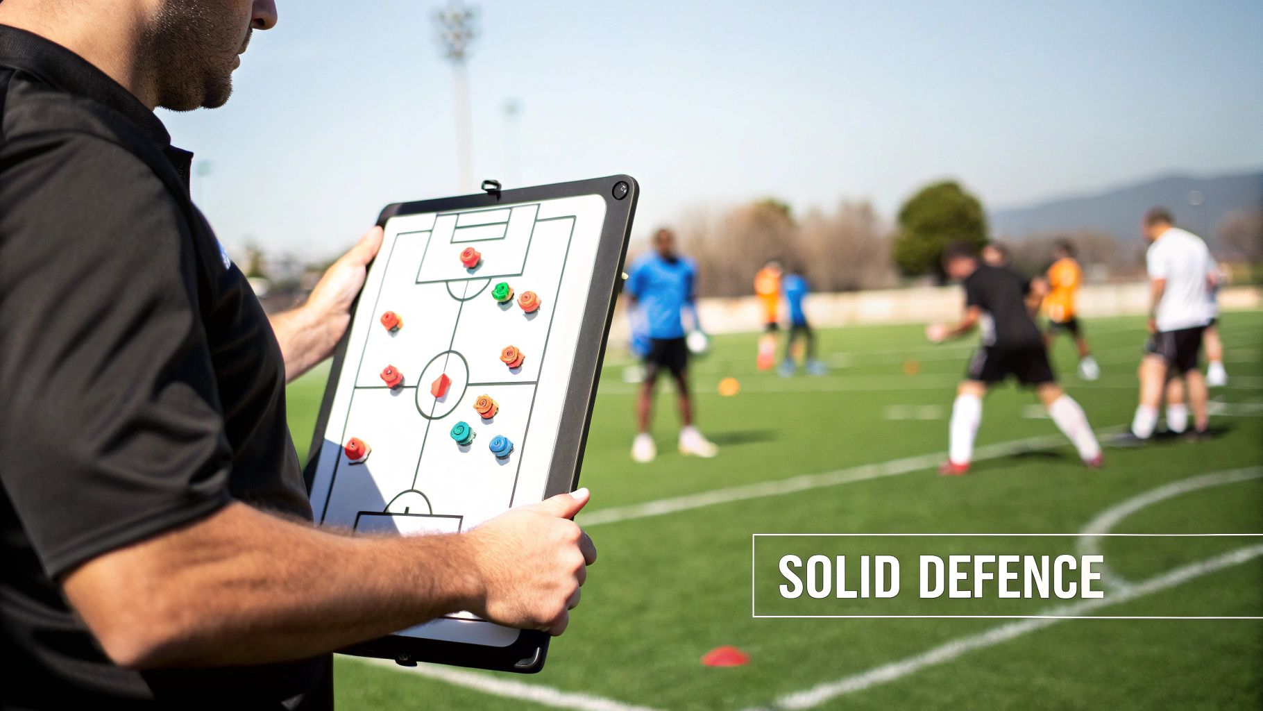 An image of a soccer player defending the ball during a training session.