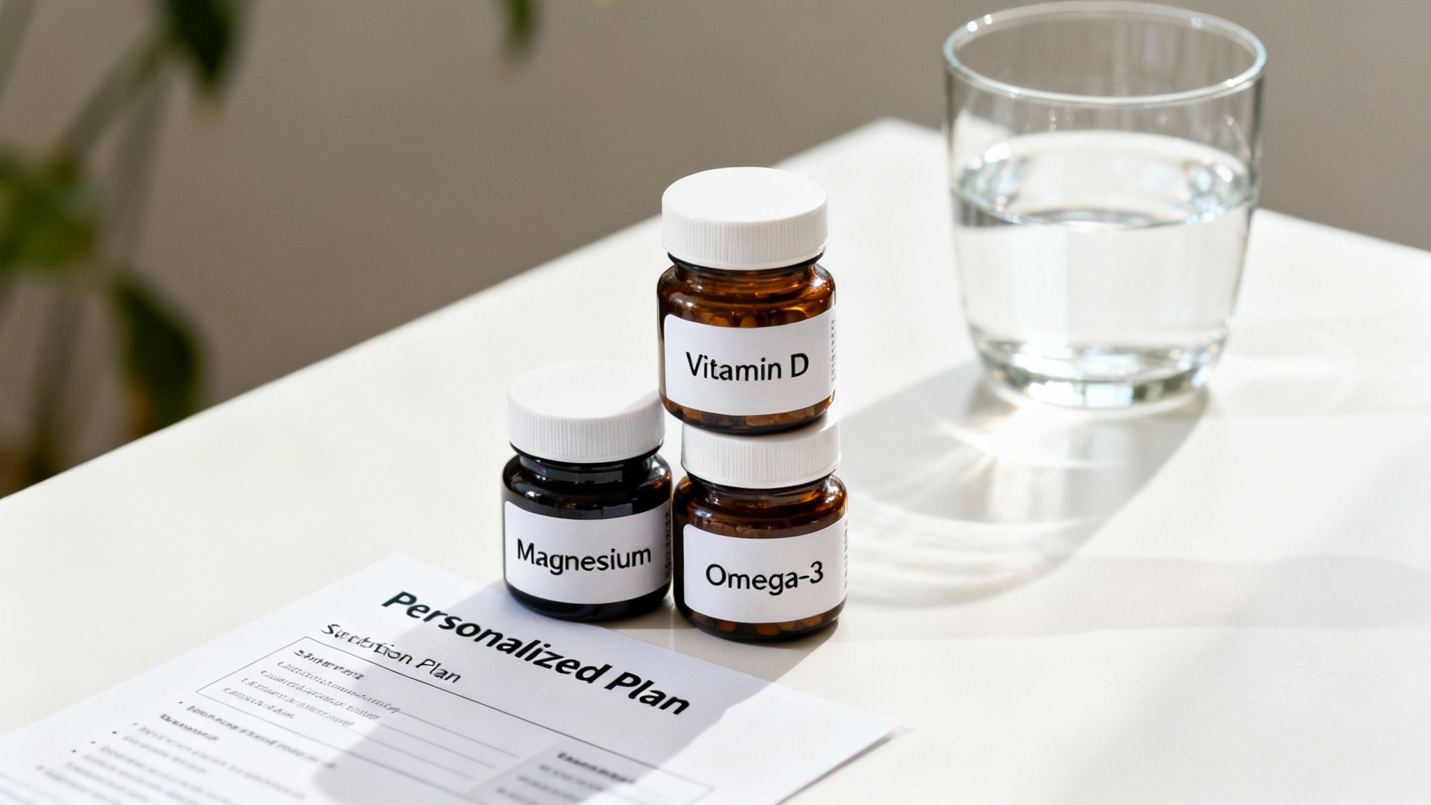 Three supplement bottles (Vitamin D, Magnesium, Omega-3) with a glass of water and a personalized nutrition plan.