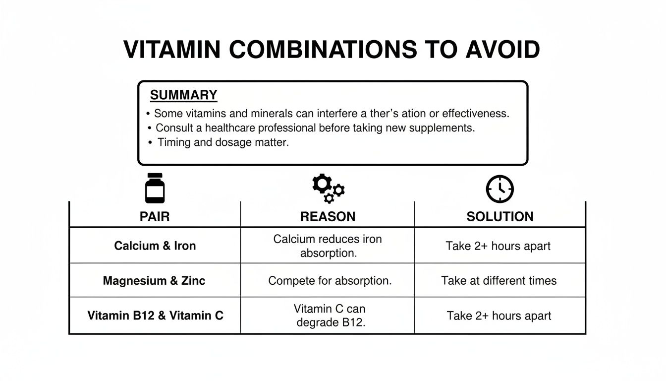 Infographic on vitamin combinations to avoid, detailing pairs, reasons for interaction, and solutions.