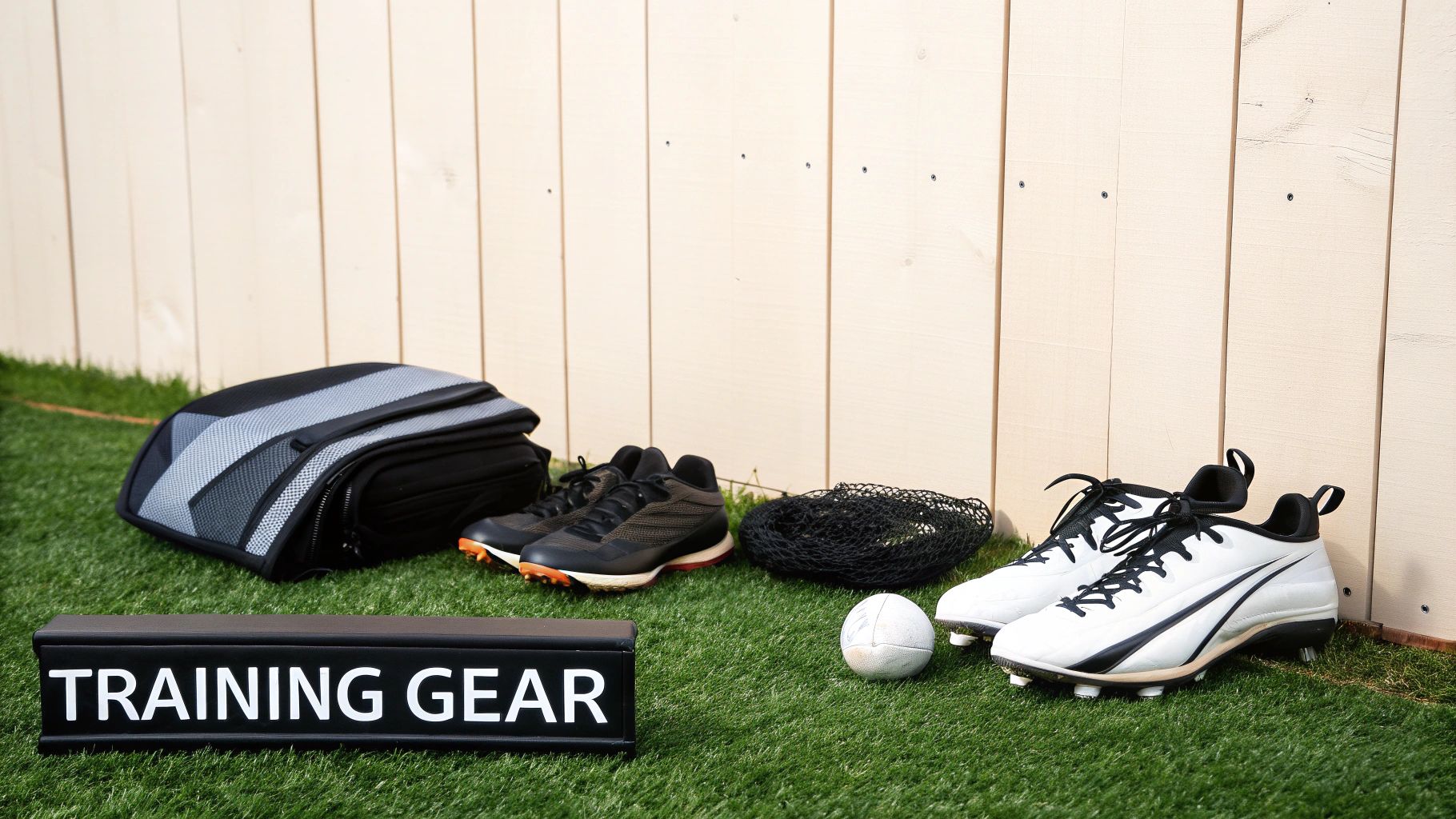 Sports training gear, including a bag, shoes, ball, and cleats, on artificial turf.