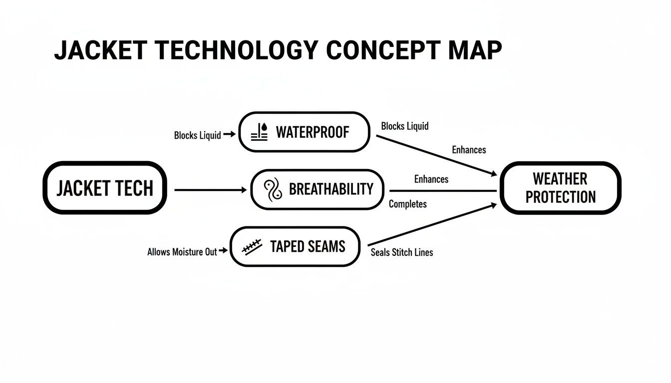 A concept map illustrates jacket technology, showing waterproof, breathability, and taped seams leading to weather protection.