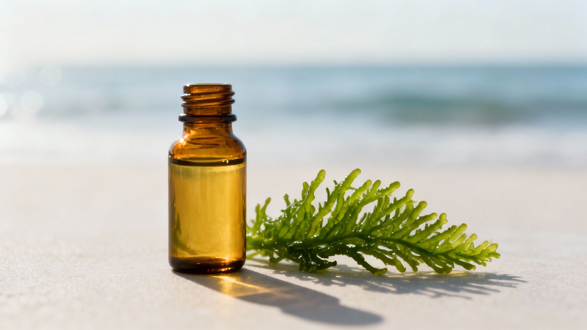 Dropper with algae oil and green leaves