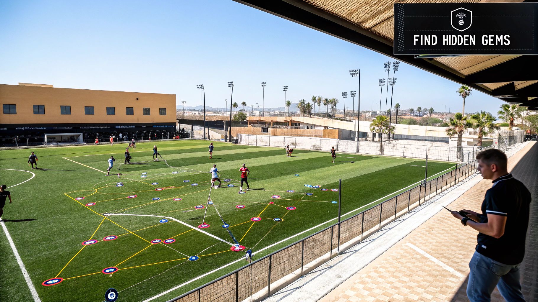 A football scout looking at data on a tablet