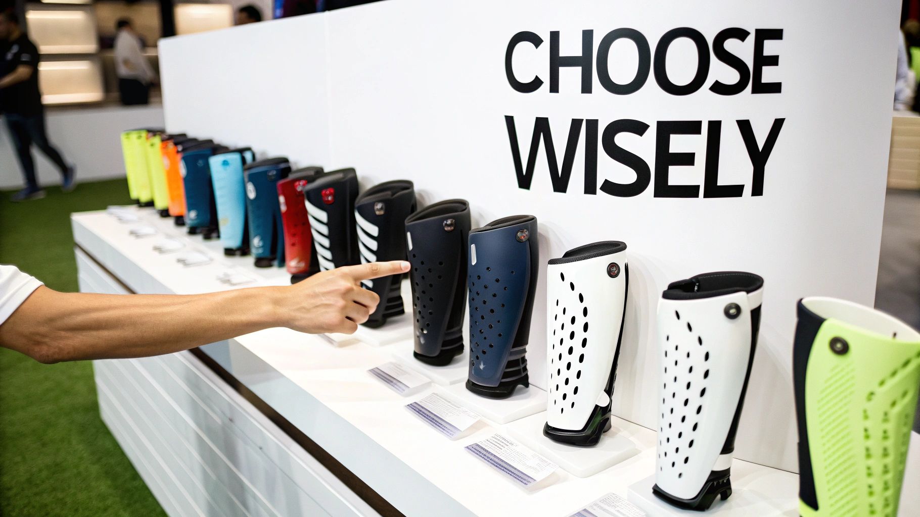 A footballer thoughtfully comparing two different smart shin guards in their hands