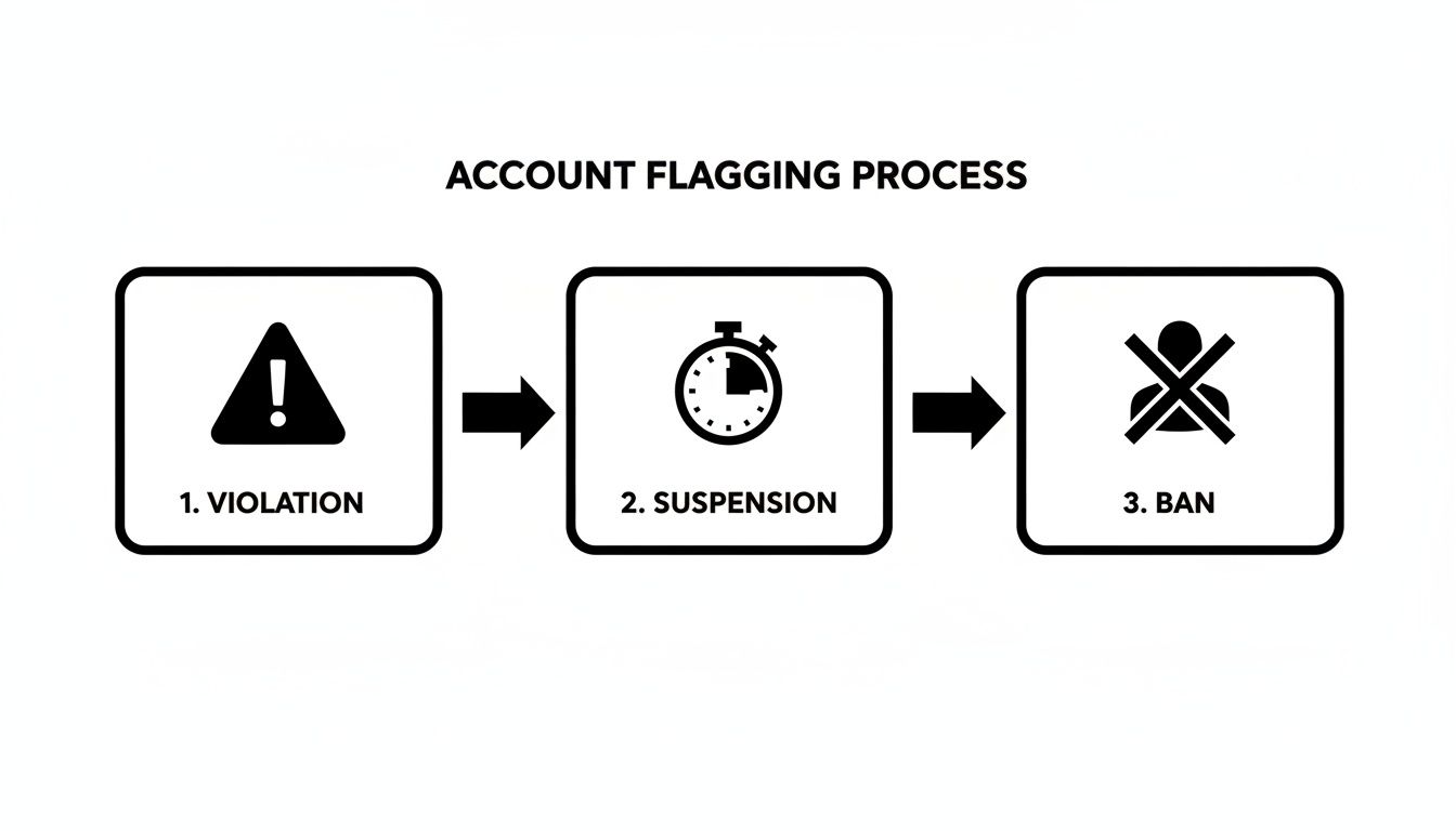 Account flagging process diagram showing steps: violation, suspension, and ultimately a ban.